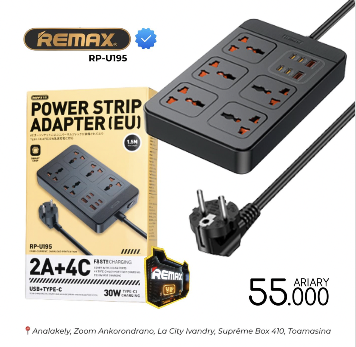 Remax RPU195 - Power Strip Adapter - 1.5M - 2500W - Black